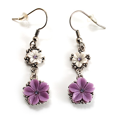 Lilac Floral Drop Earrings (Burn Silver Finish) - main view