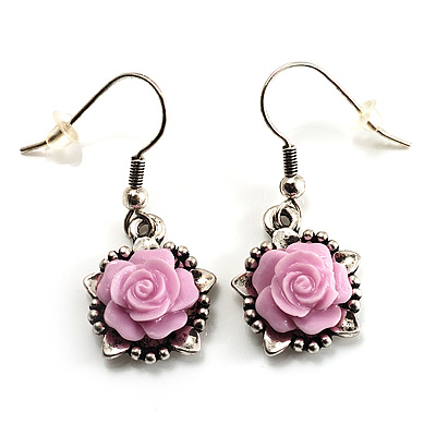 Pale Pink Acrylic Rose Drop Earrings (Burnished Silver Finish) - main view