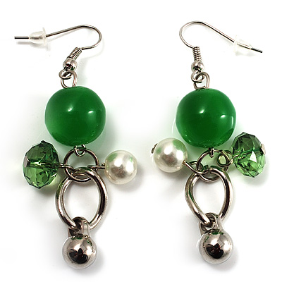Green Bead Drop Earrings (Silver Tone) - main view