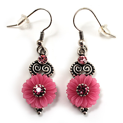 Vintage Pink Crystal Flower Drop Earrings (Burnished Silver Tone) - main view