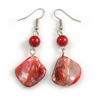 Coral Red Shell Bead Drop Earrings (Silver Tone) - main view