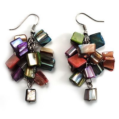 Multicoloured Shell Composite Cluster Dangle Earrings (Silver Tone)