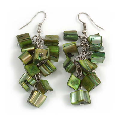 Olive Green Shell Composite Cluster Dangle Earrings (Silver Tone)