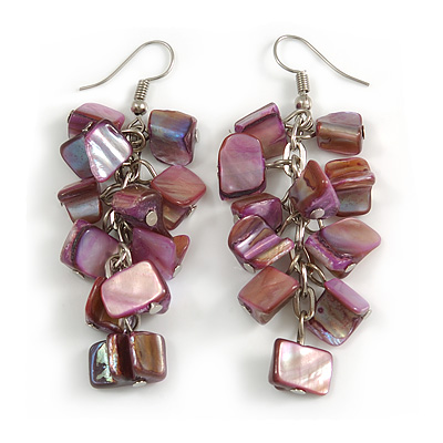 Purple Shell Composite Cluster Dangle Earrings (Silver Tone) - main view