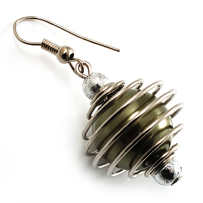 Silver Tone Olive Green Faux Pearl Drop Earrings - main view