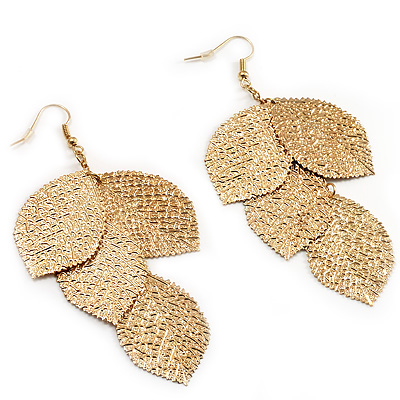 Gold Tone Hammered Leaf Drop Earrings - 10cm - main view