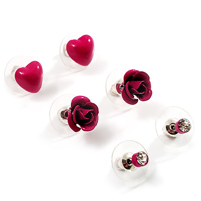 Heart, Rose And Crystal Stud Earring Set (Deep Pink) - main view