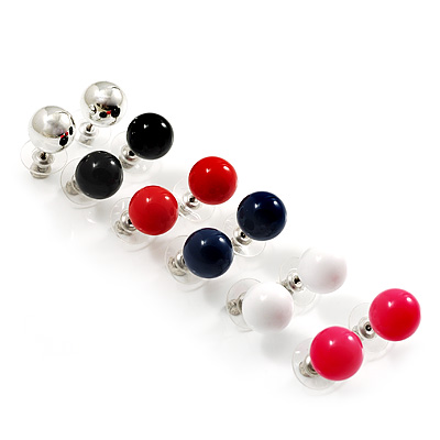 Set of 6  Acrylic Bead Stud Earrings - 11mm (Black, Red, White, Blue, Pink And Silver) - main view