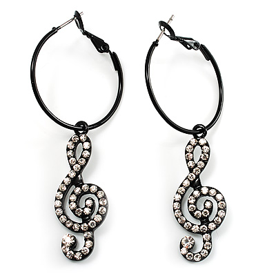 Black Hoop Earrings With Crystal Treble Clef Charm Earrings - 2.5cm Diameter - main view