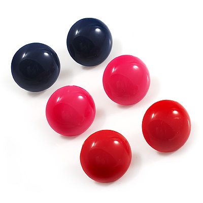 Set Of 3 Button Shaped Stud Earrings - 2cm Diameter (Blue, Red And Pink) - main view