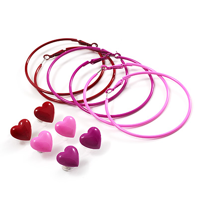 Red, Pale And Deep Pink Hoop And Heart Earring Set - 3 Pairs (6cm Diameter) - main view