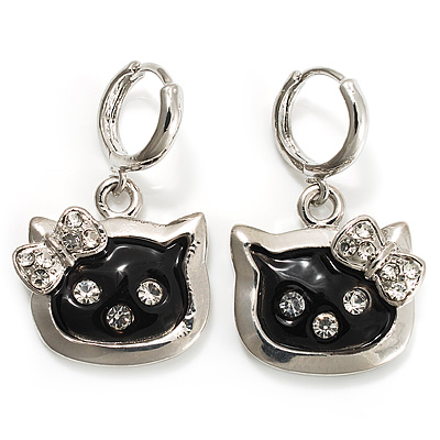 Cute Black Enamel Kitten Drop Earrings (Silver Tone) - main view