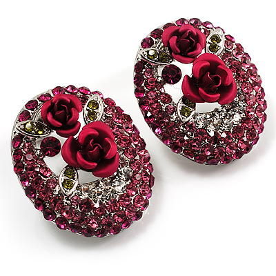Oval Diamante Rose Stud Earrings (Silver Tone) - main view