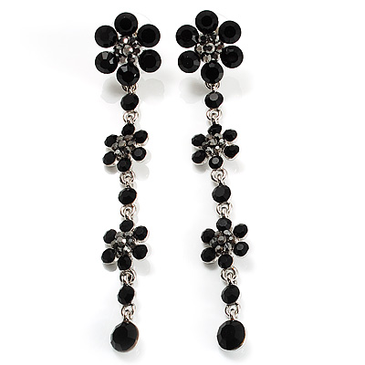 Long Statement Floral Dangle Earrings (Silver&Jet Black) -7cm Drop - main view