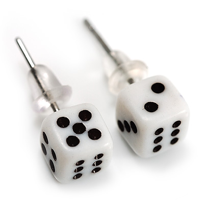 Tiny White Plastic Dice Stud Earrings (Silver Tone) -5mm Diameter - main view