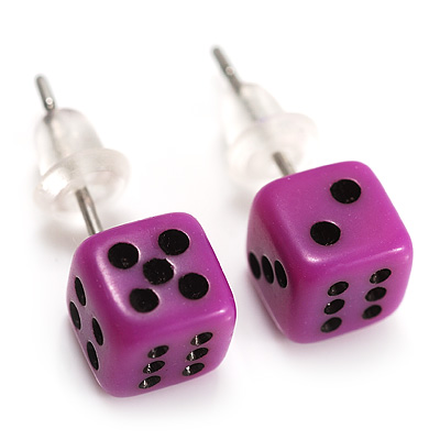 Tiny Purple Plastic Dice Stud Earrings (Silver Tone) -5mm Diameter - main view
