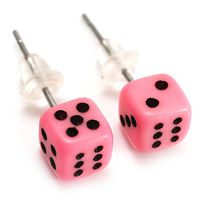 Tiny Bright Pink Plastic Dice Stud Earrings (Silver Tone) -5mm Diameter - main view
