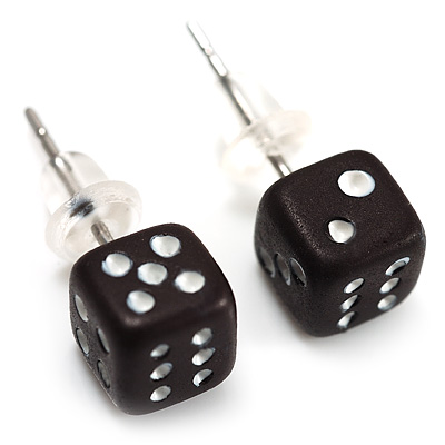Tiny Black Plastic Dice Stud Earrings (Silver Tone) -5mm Diameter - main view