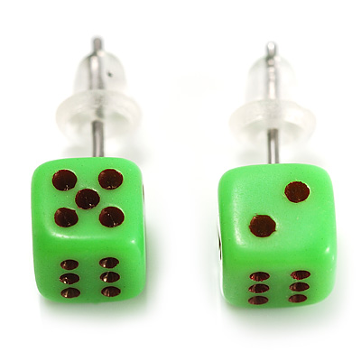 Tiny Bright Green Plastic Dice Stud Earrings (Silver Tone) -5mm Diameter - main view