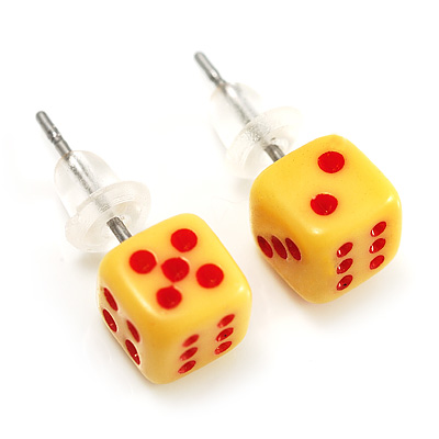 Tiny Yellow Plastic Dice Stud Earrings (Silver Tone) -5mm Diameter