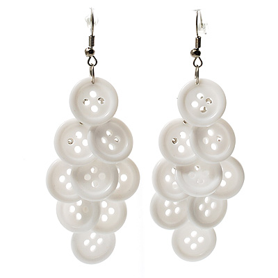 White Plastic Button Drop Earrings (Silver Tone) - 8cm Drop - main view