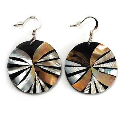 Round Shell Drop Earrings (Beige & Brown) - main view