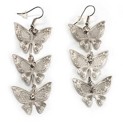 Silver Tone Crystal Butterfly Drop Earrings - 7.5cm Drop - main view