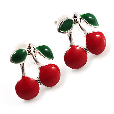Tiny Red Enamel Cherry Stud Earrings (Silver Tone) - main view