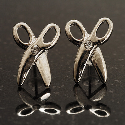 Tiny Scissors Diamante Stud Earrings (Silver Tone) - main view
