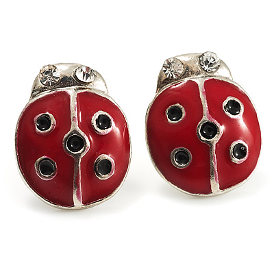 Red Enamel Lady Bird Stud Earrings (Silver Tone) - main view