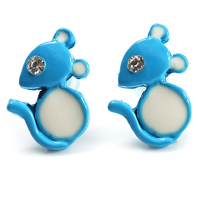 Tiny Diamante Mouse Enamel Stud Earrings (Light Blue & White) - main view