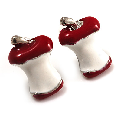 Red & White Enamel Apple Stump Stud Earrings (Silver Tone) - main view