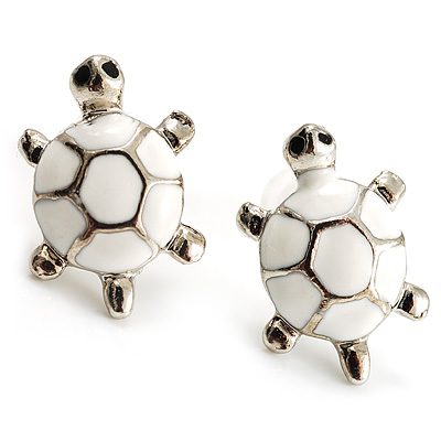 Small Cream Enamel Turtle Stud Earrings In Silver Tone - 13mm Length - main view