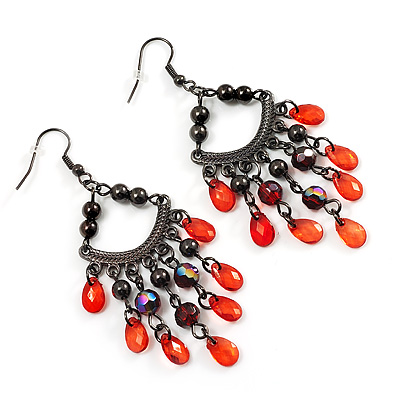Pale Red  Bead Chain Chandelier Earrings (Black Tone) - 8cm Drop - main view