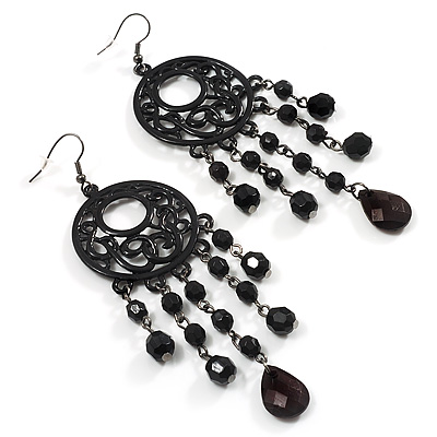 Long Black Acrylic Bead Hoop Chandelier Earrings (Black Tone) -11.5cm Drop - main view