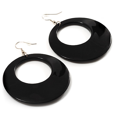 Black Acrylic Hoop Earrings (Silver Tone) -7.5cm Drop - main view