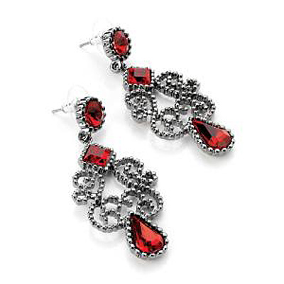Hot Red Gothic Bead Drop Earrings (Antique Silver Tone) - main view