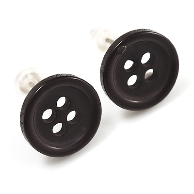 Small Black Plastic Button Stud Earrings (Silver Tone) -11mm Diameter - main view
