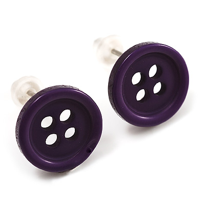Small Purple Plastic Button Stud Earrings (Silver Tone) -11mm Diameter - main view