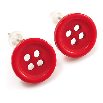 Small Dark Red Plastic Button Stud Earrings (Silver Tone) -11mm Diameter - main view