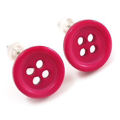 Small Magenta Plastic Button Stud Earrings (Silver Tone) -11mm Diameter - main view