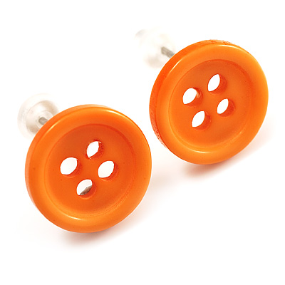 Small Orange Plastic Button Stud Earrings (Silver Tone) -11mm Diameter