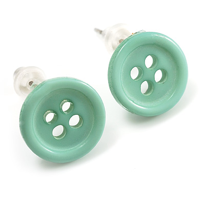 Small Pale Green Plastic Button Stud Earrings (Silver Tone) -11mm Diameter - main view