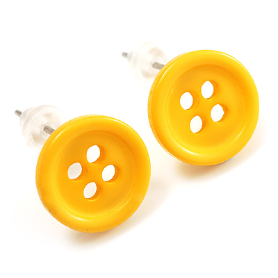 Small Yellow Plastic Button Stud Earrings (Silver Tone) -11mm Diameter