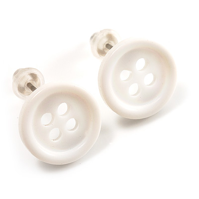 Small Snow White Plastic Button Stud Earrings (Silver Tone) -11mm Diameter - main view