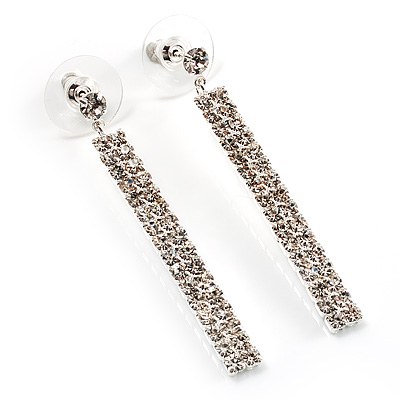 Silver Tone Diamante Linear Drop Earrings - 5cm Drop - main view