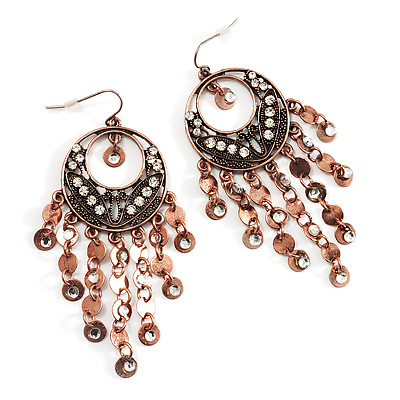 Copper Tone Crystal Hoop Chandelier Earrings - 8cm Drop - main view