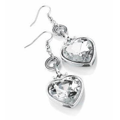 Antique Silver Clear Crystal Heart Drop Earrings - 6.5cm Drop - main view
