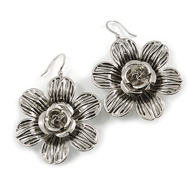 Silver Tone Textured Floral Drop Earrings - 5.5cm Drop - main view
