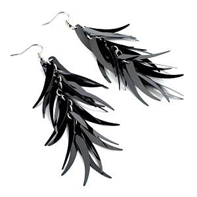 Long Black Plastic Feather Earrings - 10.5cm Drop - main view